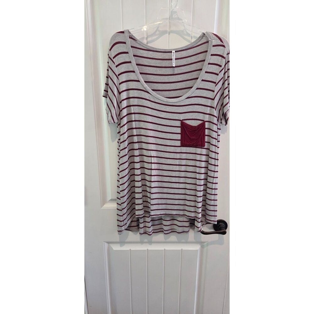 Splash 2X Gray Burgundy Striped Pocket Hi Low Tunic Top